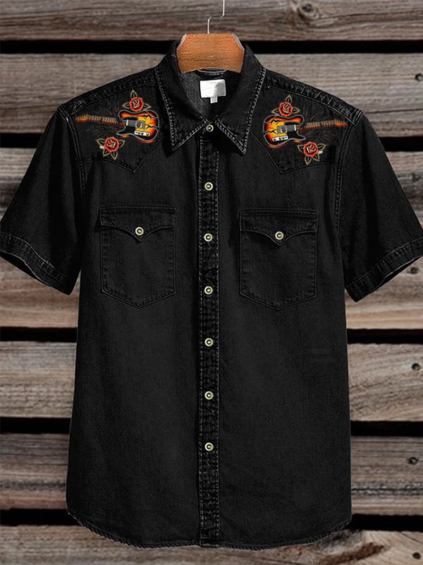 Men's Western Vintage Floral Double Pocket Short Sleeve Shirt