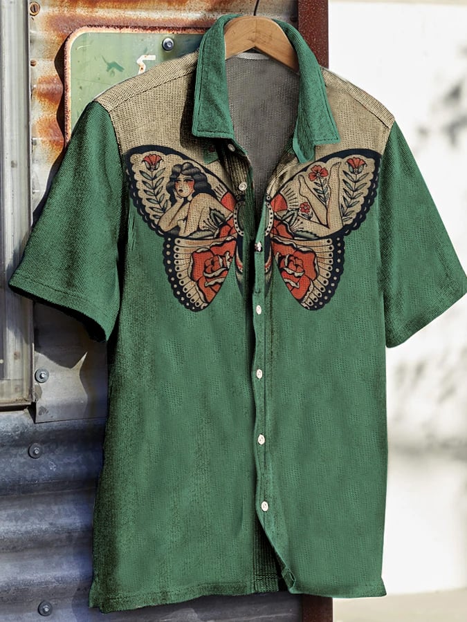 Men's Western Vintage Print Waffle Short Sleeve Shirt