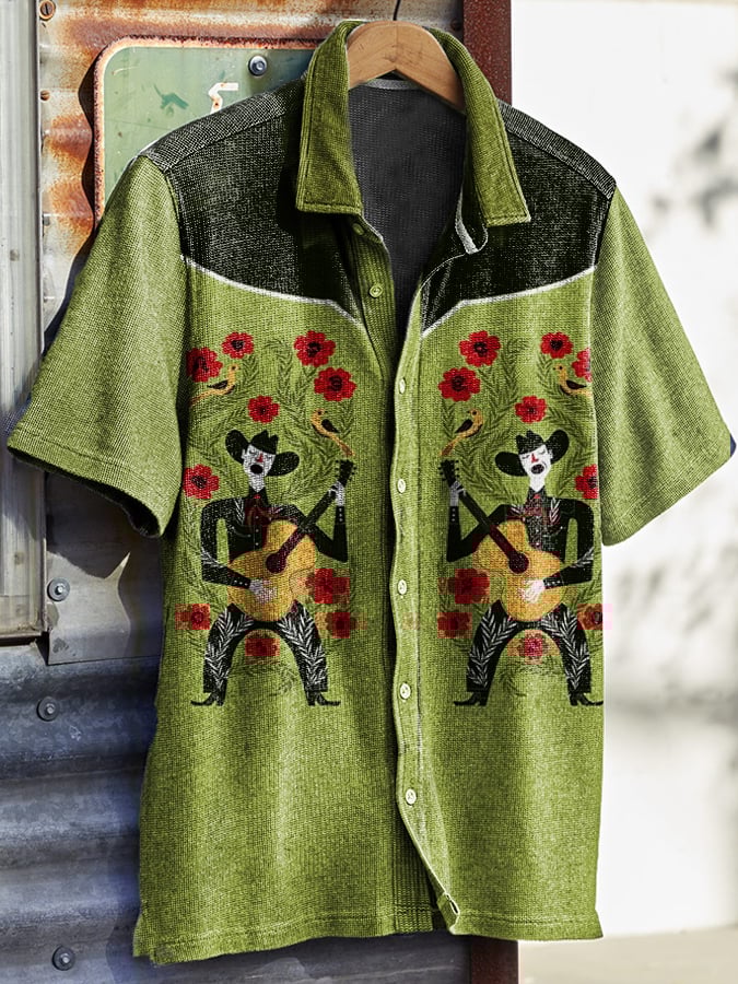 Men's Vintage Western Print Waffle Shirt
