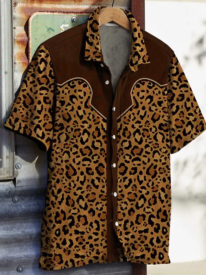Men's Western Vintage Print Waffle Short Sleeve Shirt