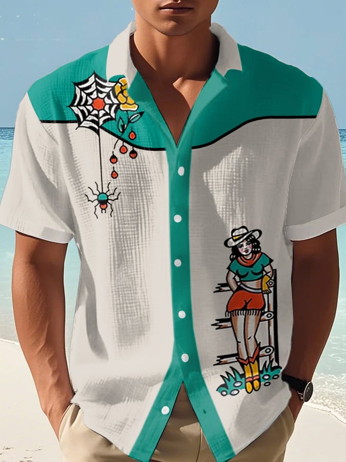 Men's Retro Western Contrast Design Printed Casual Waffle Shirt