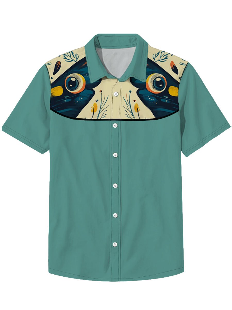 Men's Lapel Insect Fish Bird Animal Denim Western Style Short Sleeve Shirt