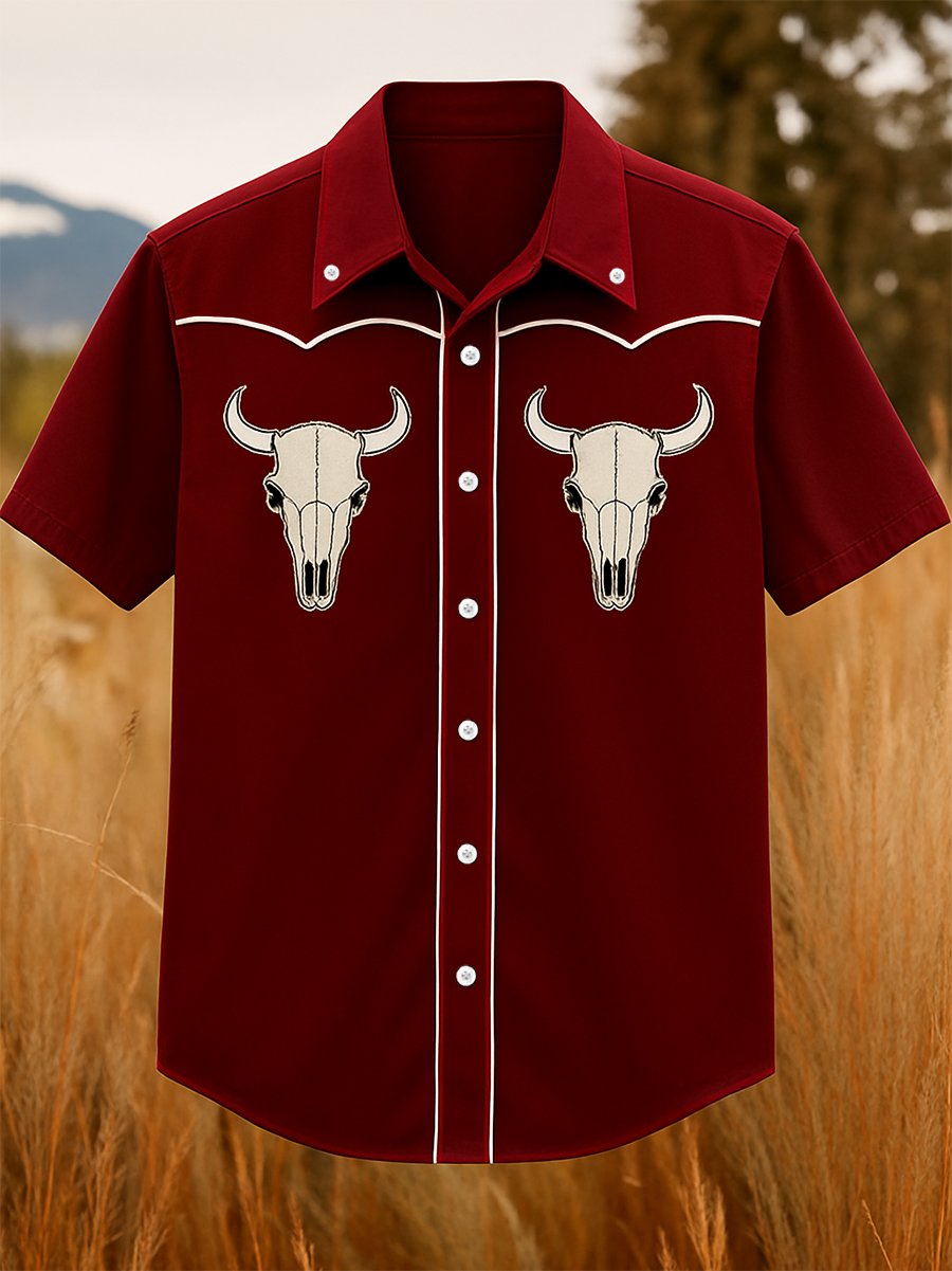 Men's 100% Cotton Western Short Sleeve Button-Down Lapel Shirt