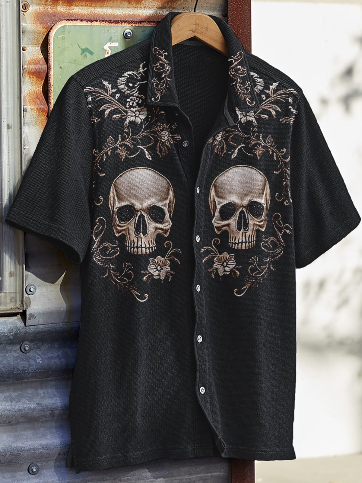 Men's Western Vintage Print Waffle Short Sleeve Shirt