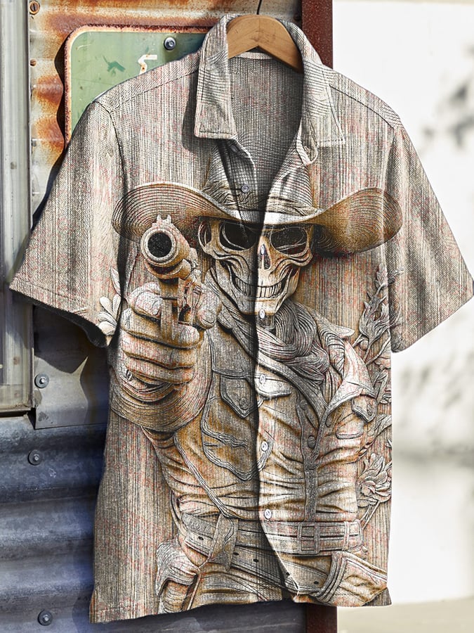 Men's Casual Western Skull Waffle Shirt