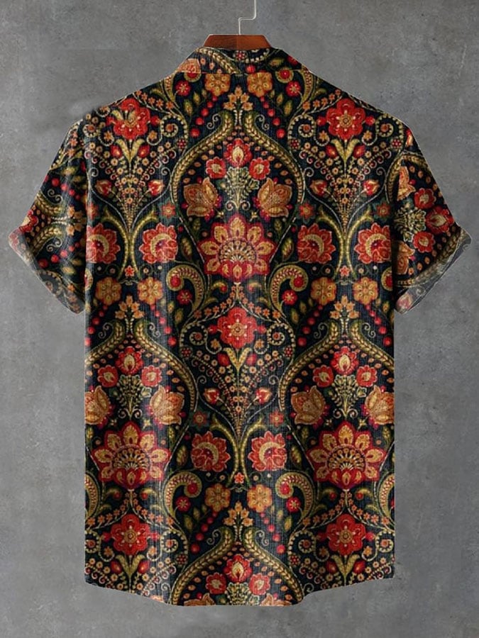 Men's Retro Floral Art Print Casual Short Sleeve Shirt