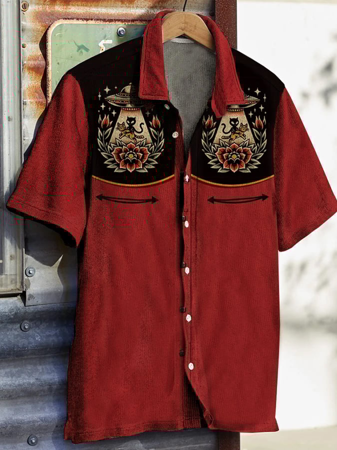 Men's Western Vintage Print Waffle Short Sleeve Shirt