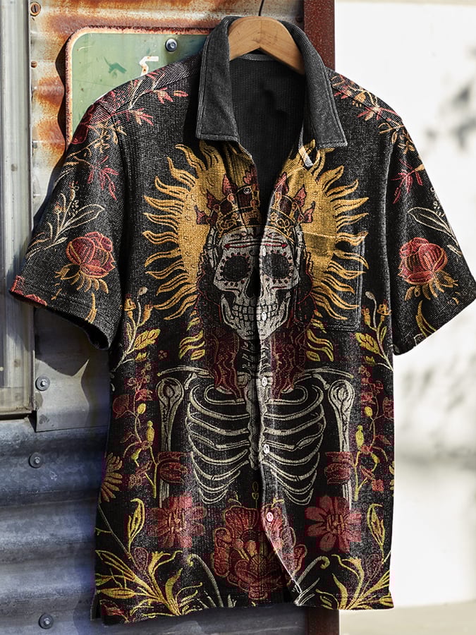 Men's Vintage Western Skull Floral Print Waffle Shirt