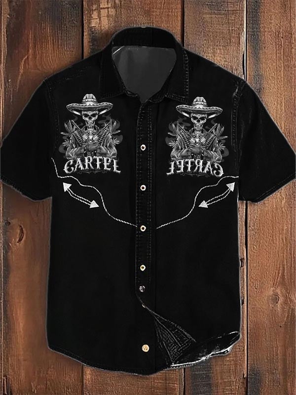 Men's Retro Western Skull Graphic Casual Short Sleeve Shirt