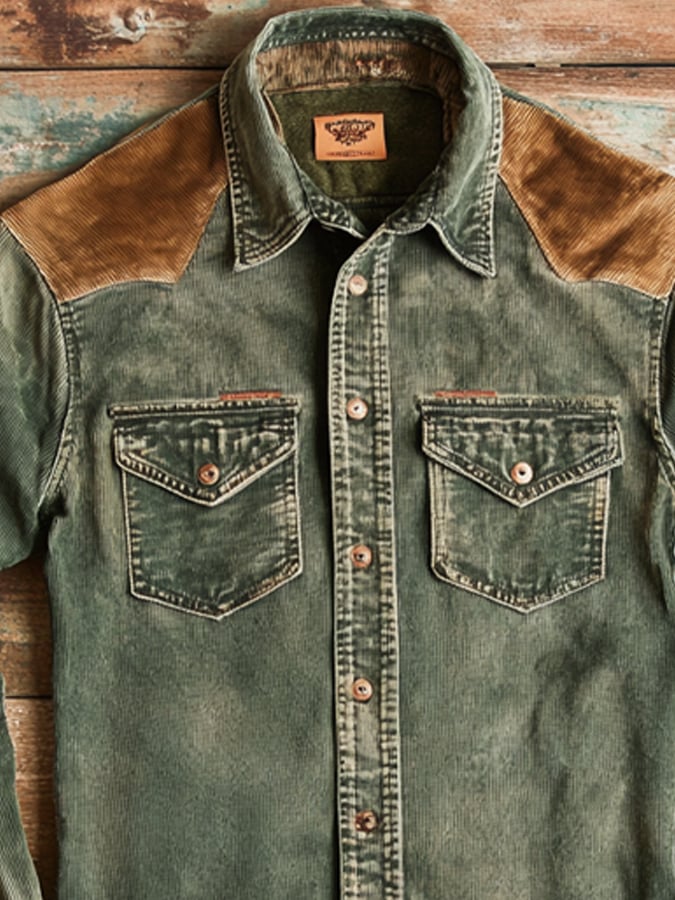 Men's Vintage Distressed Twill Double Pocket Short Sleeve Shirt