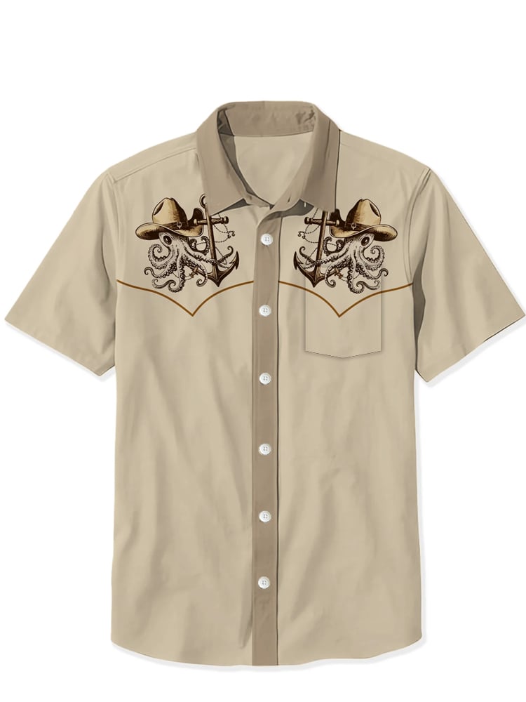 Men's Cotton and Linen Western Octopus Cowboy Print Short Sleeve Shirt