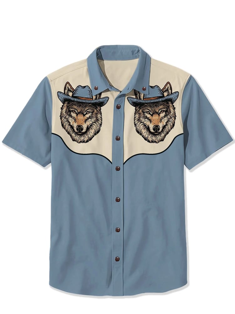 Men's Cotton Linen Haze Blue Western Short Sleeve Shirt