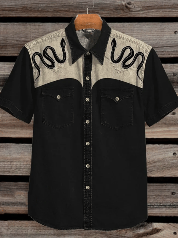Men's Vintage Western Cowboy Double Pocket Short Sleeve Shirt