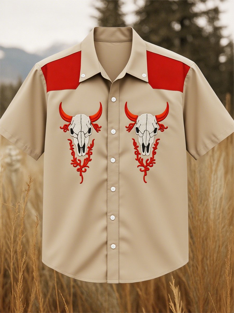 Men's 100% Cotton Western Short Sleeve Button-Down Lapel Shirt