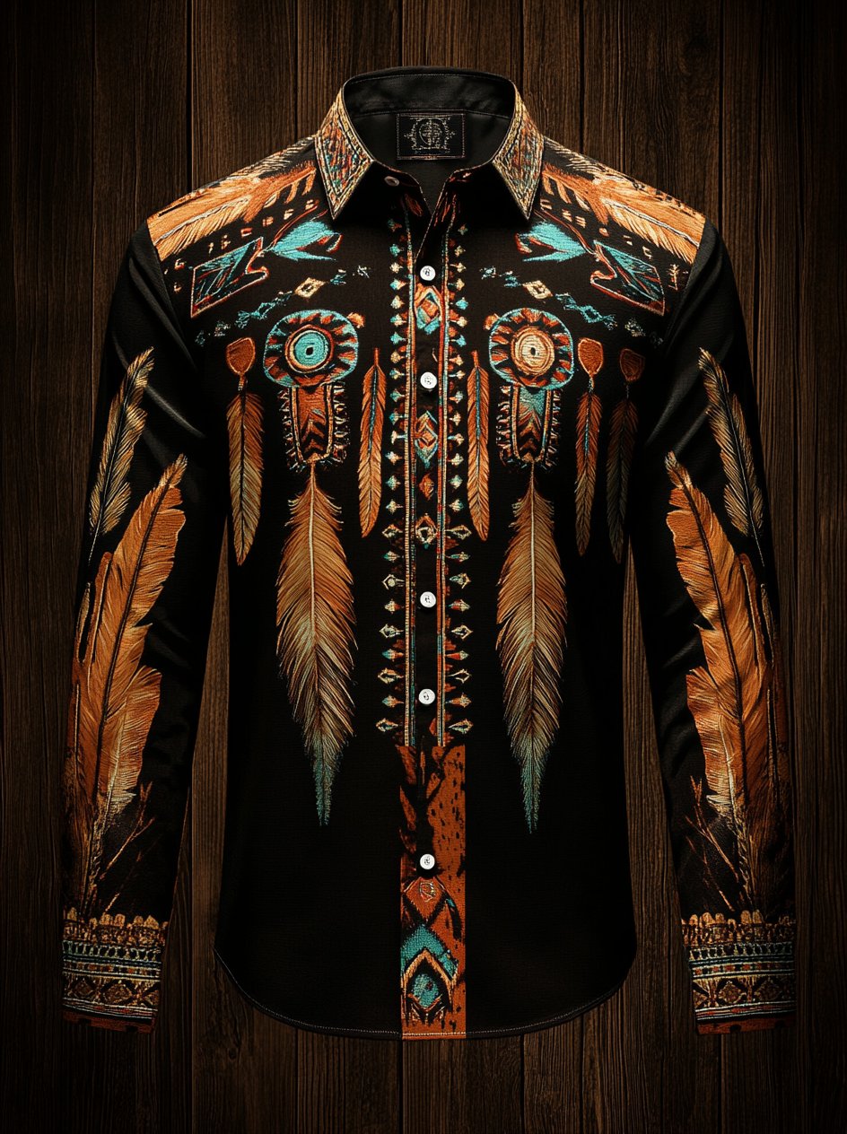 Men's Western Vintage Indian Totem Print Long Sleeve Shirt
