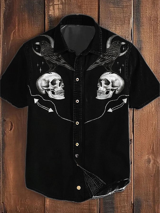 Men's Retro Western Skull Graphic Casual Short Sleeve Shirt
