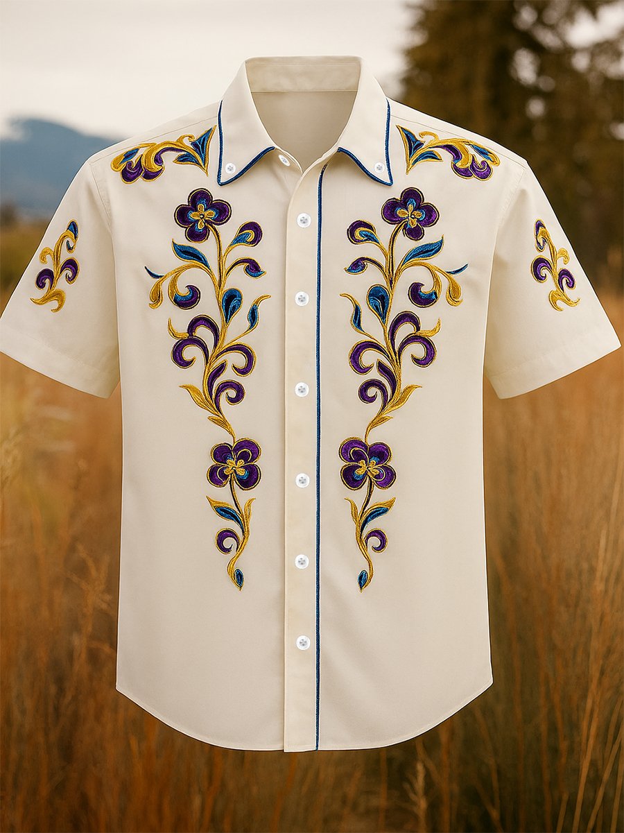 Men's 100% Cotton Western Short Sleeve Button-Down Lapel Shirt
