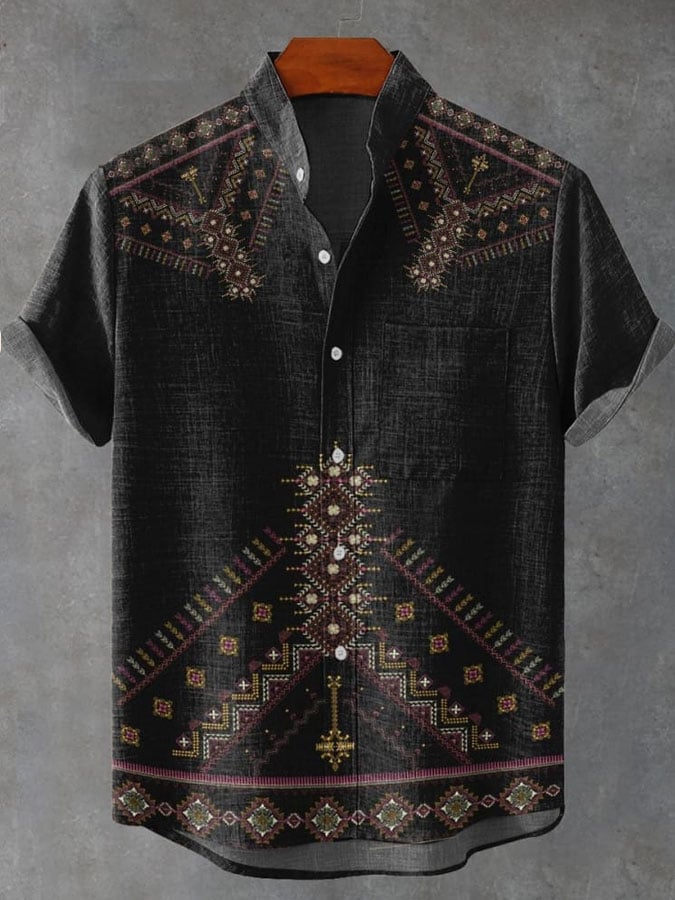 Men's Retro Totem Print Short Sleeve Casual Shirt
