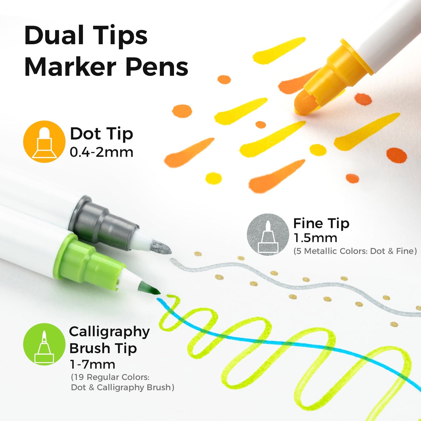 Ohuhu 24 Colors Water-base Calligraphy Brush & Dot Marker Pens