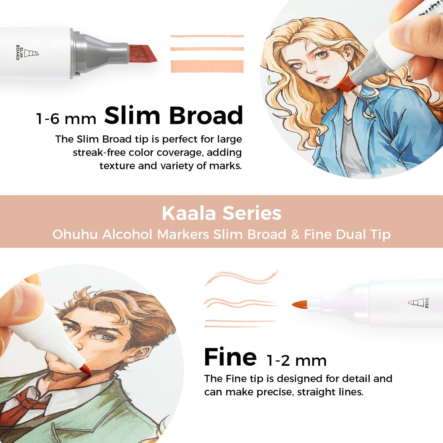 Ohuhu Kaala Slim Broad and Fine Dual Tips Alcohol Art Markers-24 Color Skin Tone