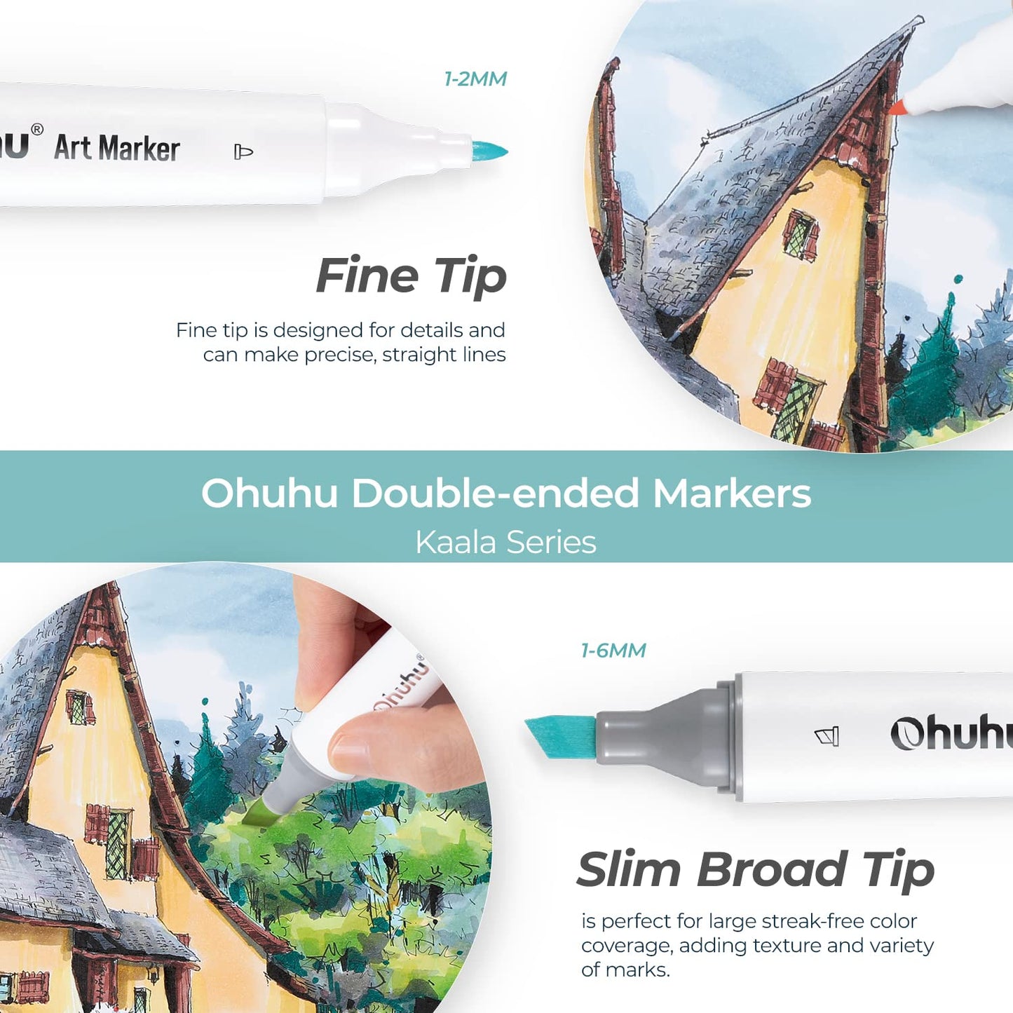 Ohuhu Kaala Slim Broad and Fine Dual Tips Alcohol Art Markers- 60 Colors Landscape Tone