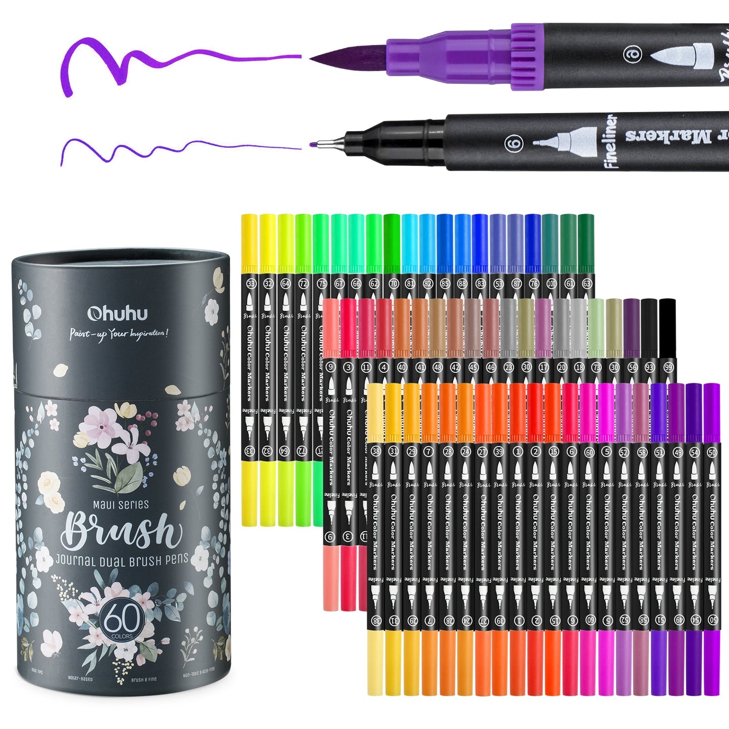 Ohuhu Maui 60 Colors Dual Tips Water Based Art Markers, Brush & Fineliner