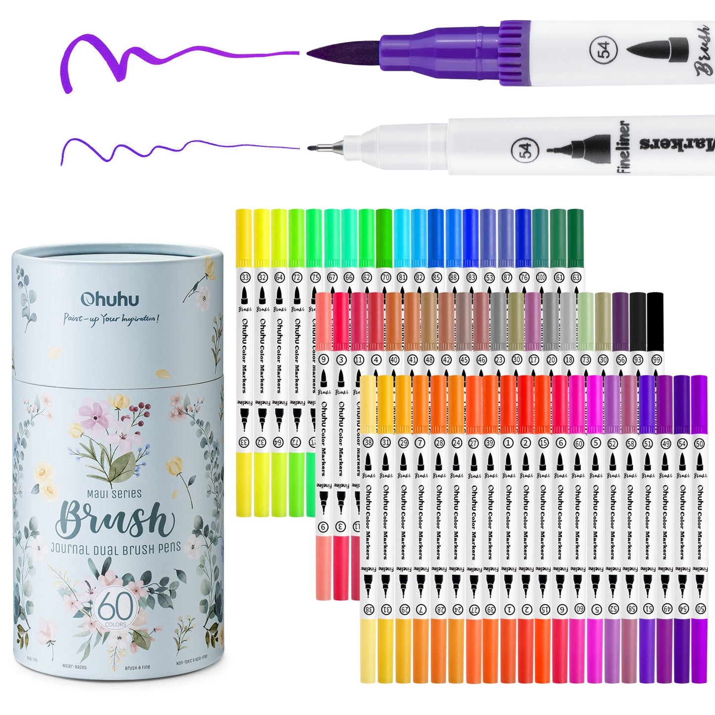Ohuhu Maui 60 Colors Dual Tips Water Based Art Markers, Brush & Fineliner