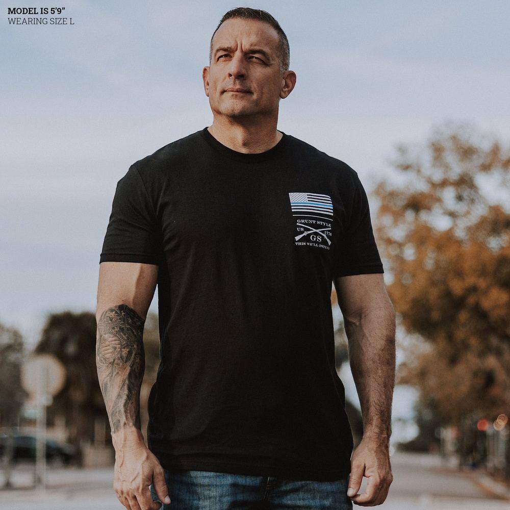 Basic Blue Line Flag T-Shirt - Black