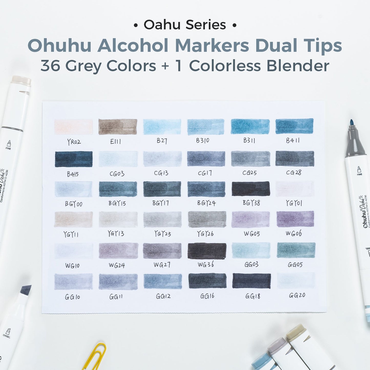 Ohuhu Oahu 36 Gray Tone Colors Dual Tips Alcohol Art Markers Set, Fine & Chisel