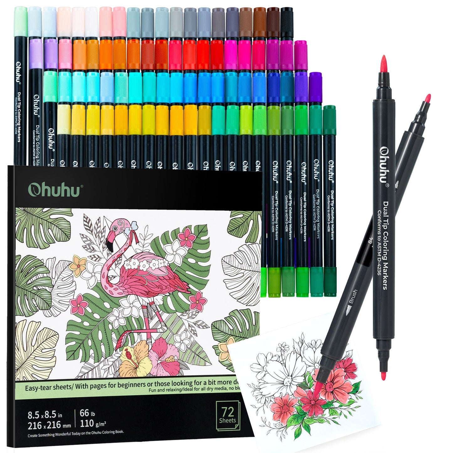Ohuhu Water Based Brush & Fine Tips Art Markers with Bleed-Proof Coloring Book