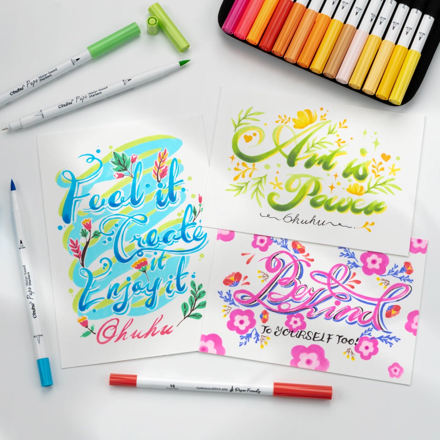 Ohuhu Pupe Paper-friendly (No Peeling) Brush and Fineliner Dual Tips 60 Colors Water-based Coloring Markers