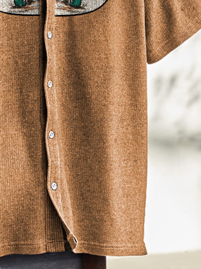Men's Vintage Western Cactus Print Waffle Shirt