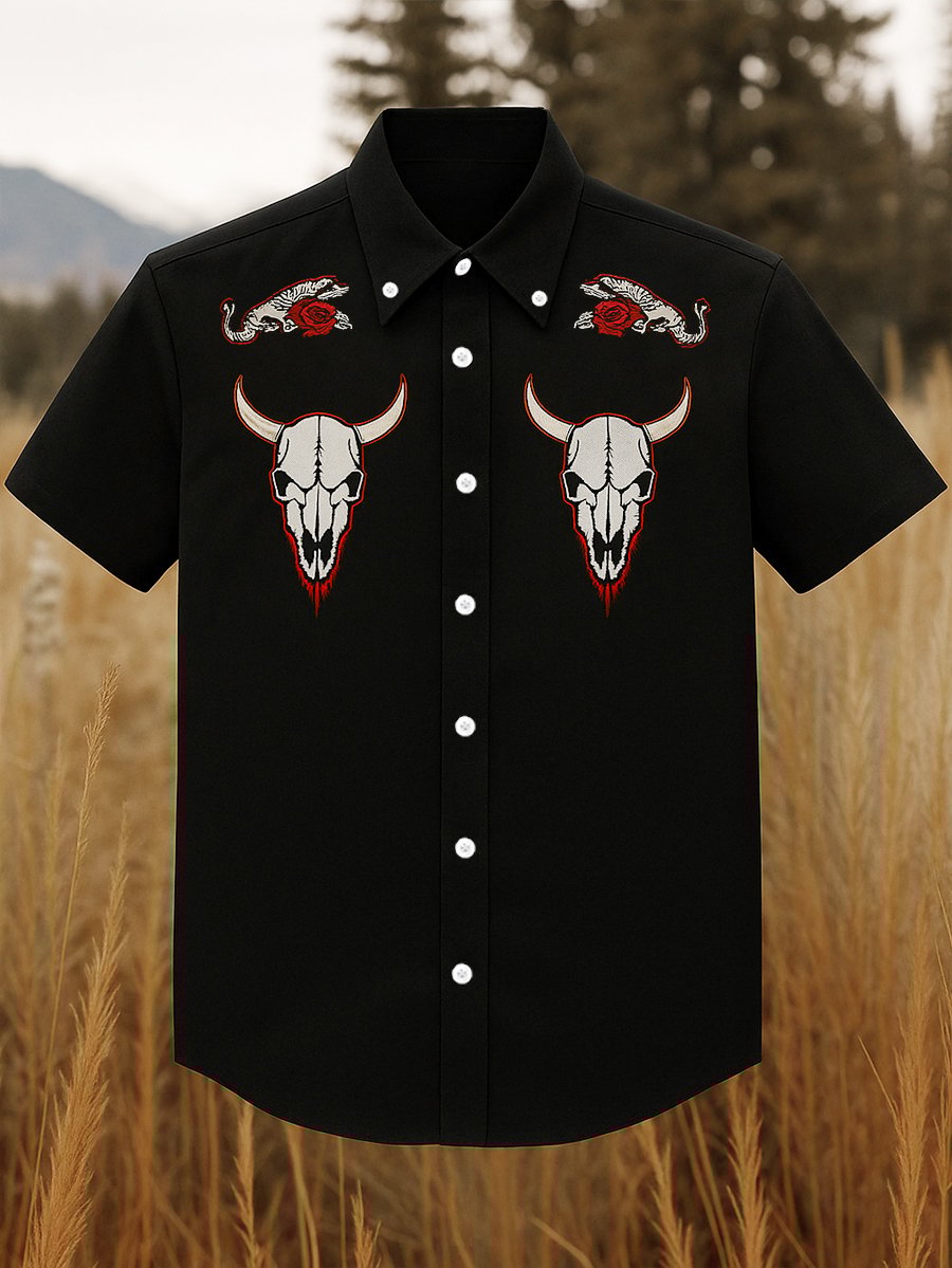 Men's 100% Cotton Western Short Sleeve Button-Down Lapel Shirt