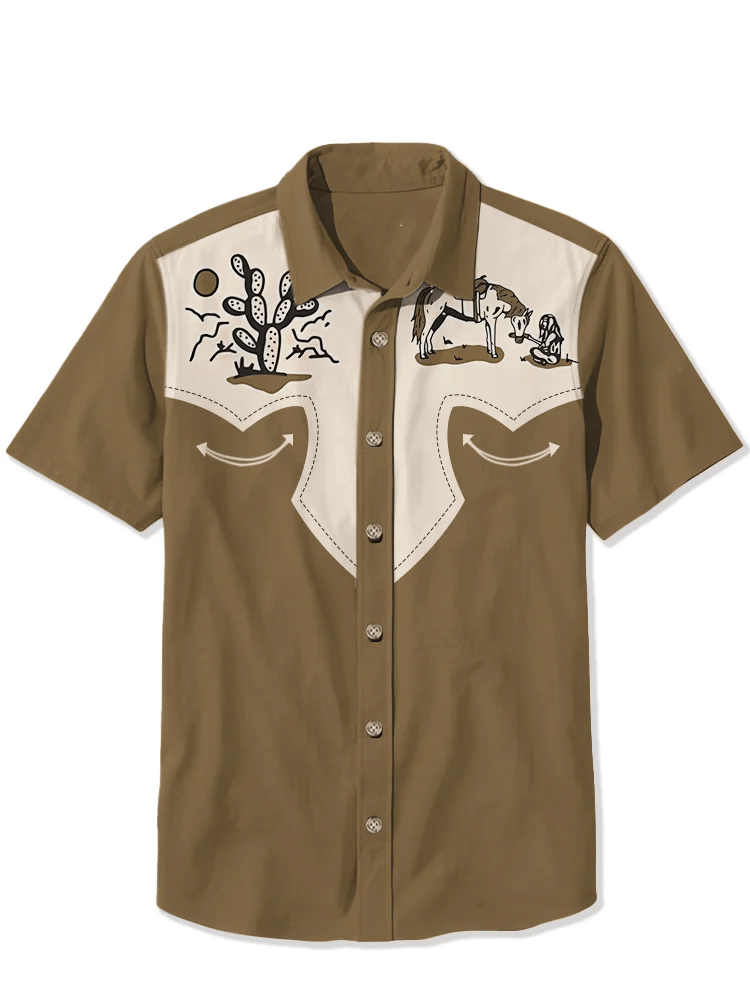 Men's Western Retro Horse Racing Print Short Sleeve Shirt