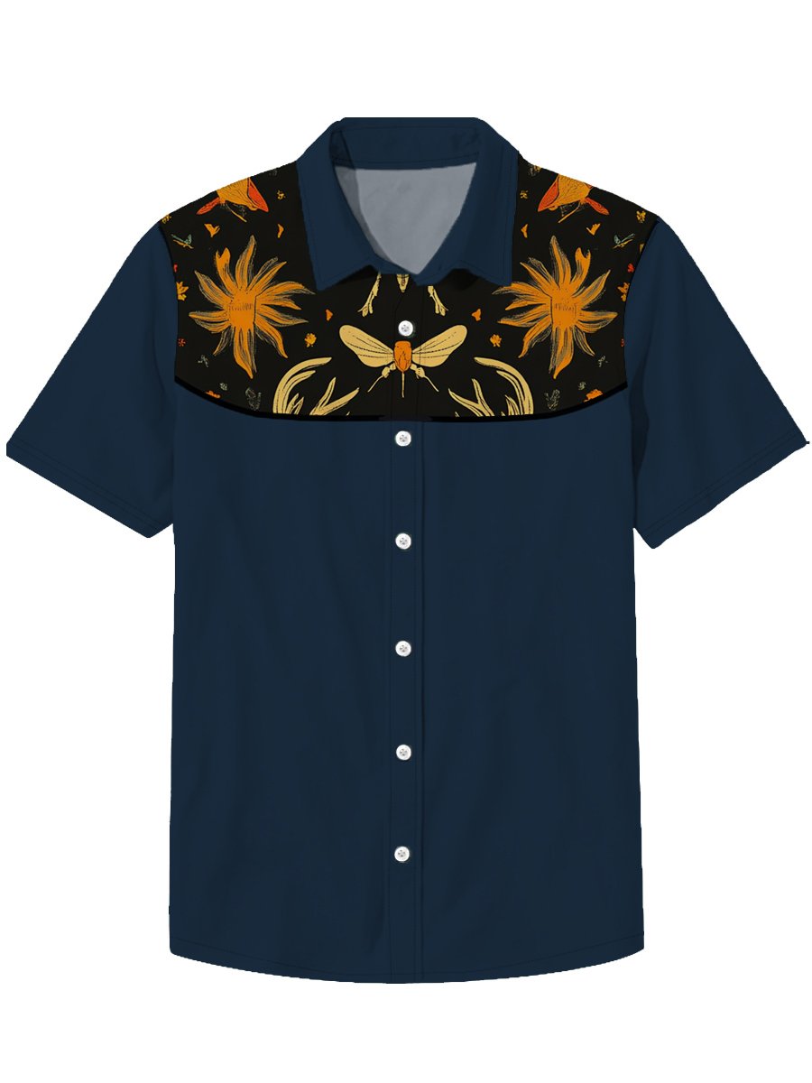 Men's Lapel Insect Fish Bird Animal Denim Western Style Short Sleeve Shirt