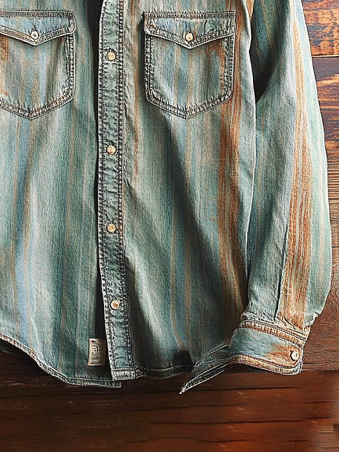 Men's Vintage Distressed Twill Double Pocket Short Sleeve Shirt