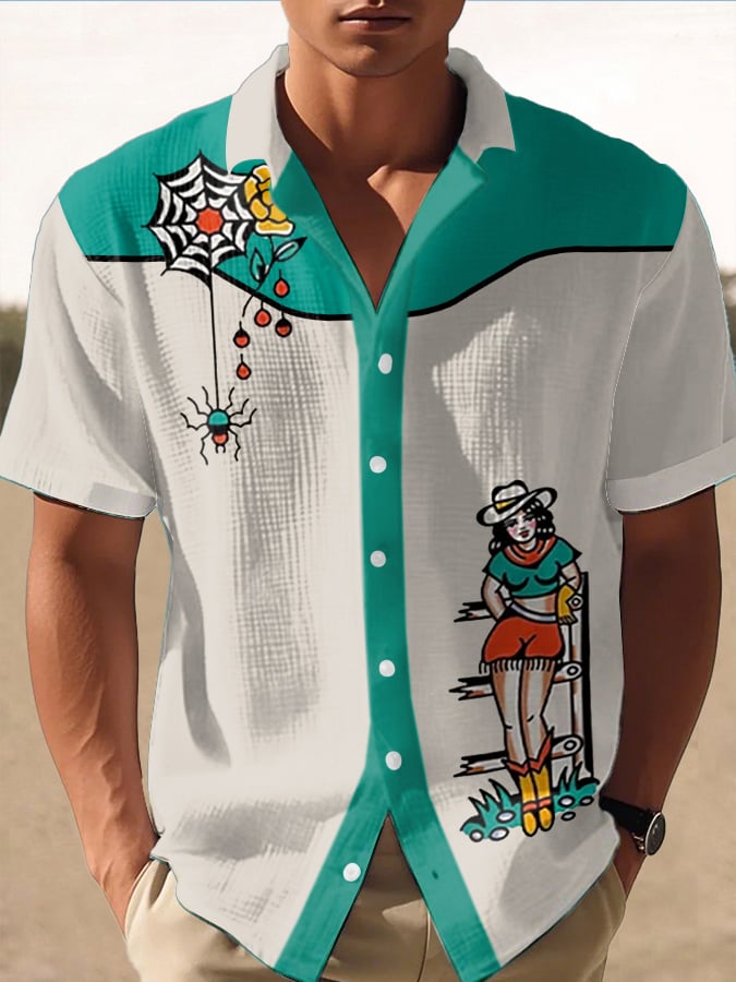 Men's Retro Western Contrast Design Printed Casual Waffle Shirt