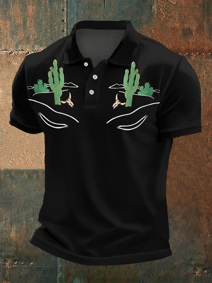 Men's Retro Western Bull Skull Desert Cactus Print Casual POLO Short Sleeve T-Shirt