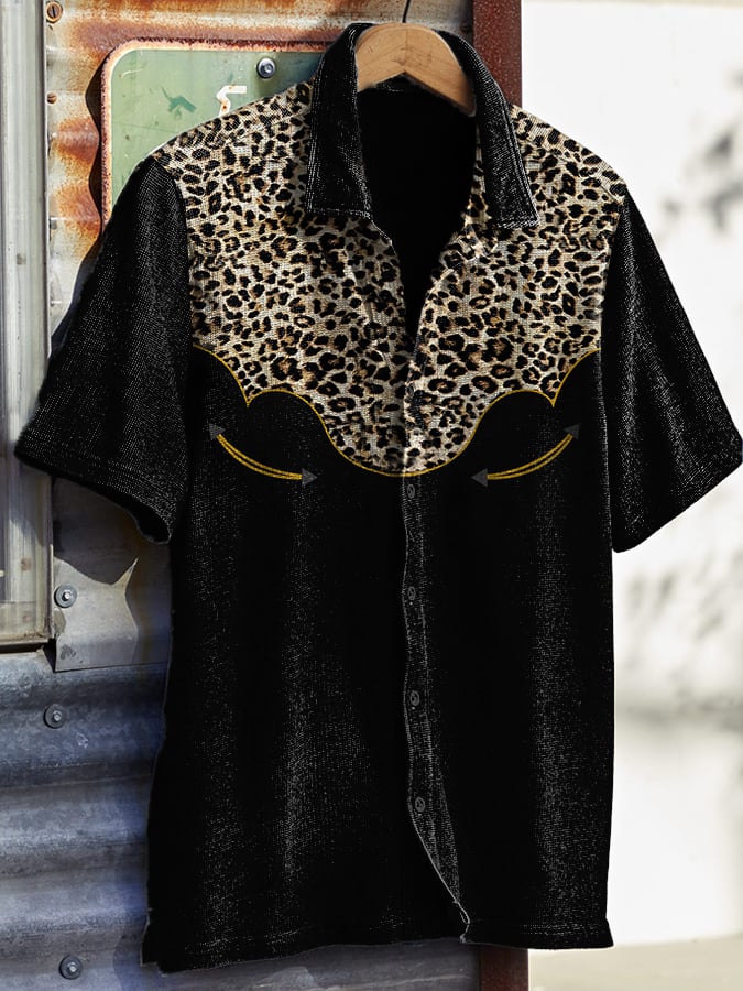 Men's Retro Western Contrast Design Printed Casual Waffle Shirt