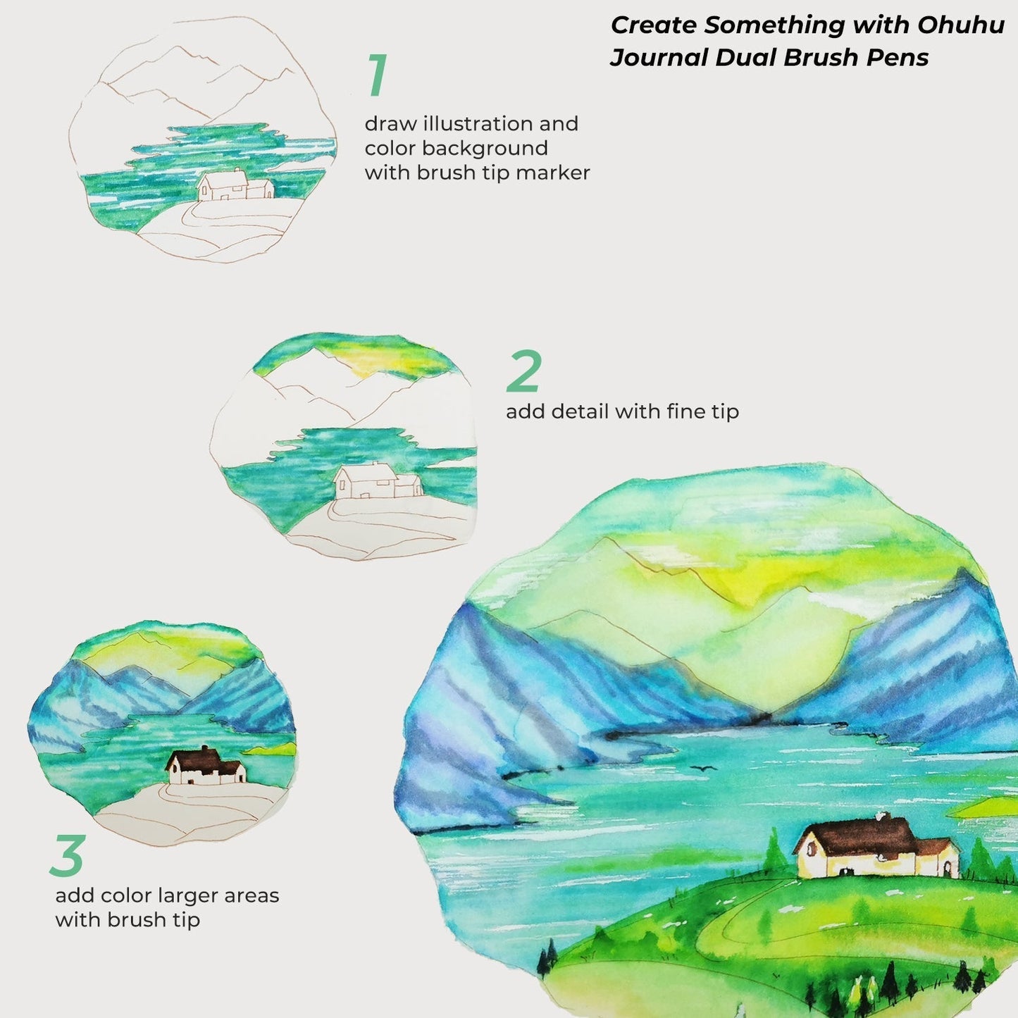 Ohuhu Maui 120 Colors Dual Tips Water Based Art Markers, Brush & Fineliner