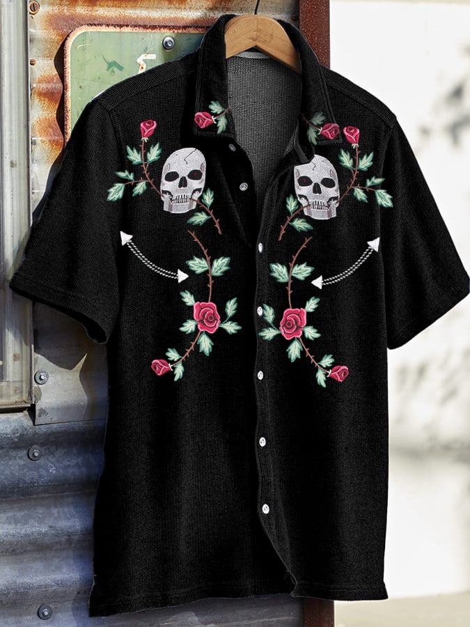 Men's Casual Western Skull Waffle Shirt
