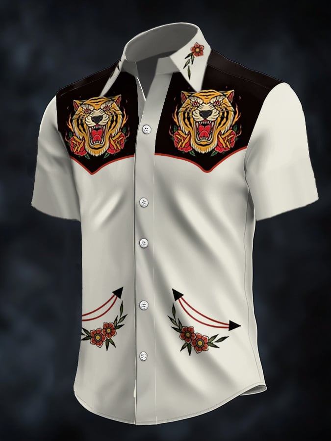 Men's Retro Western Contrast Print Short Sleeve Casual Shirt