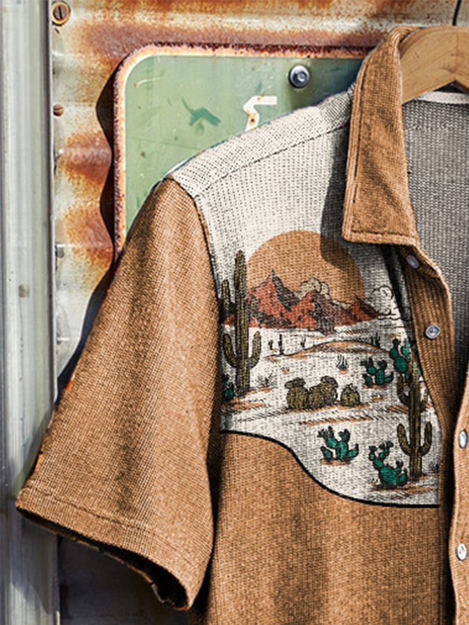 Men's Vintage Western Cactus Print Waffle Shirt