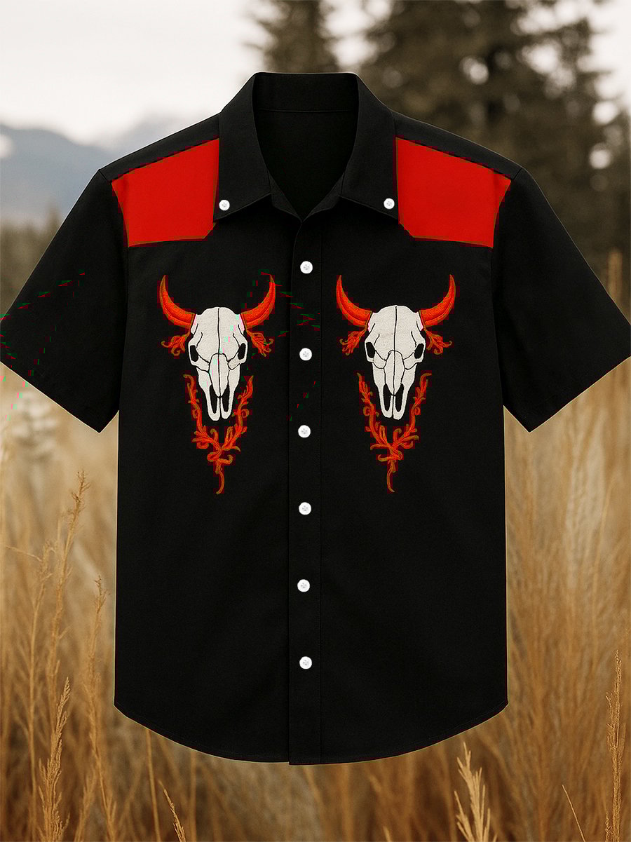 Men's 100% Cotton Western Short Sleeve Button-Down Lapel Shirt