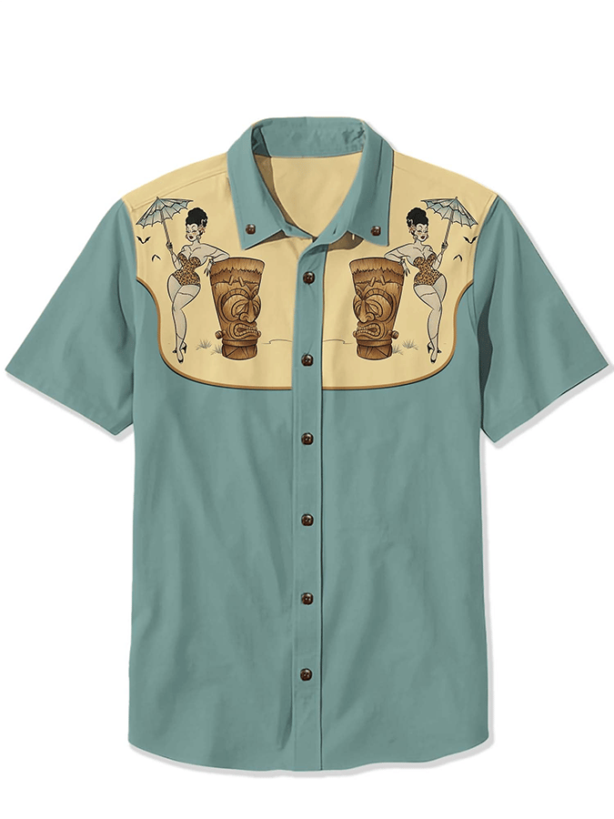 Men's Western Vintage Monster Pin Up Girl And Tiki Lapel Casual Shirt