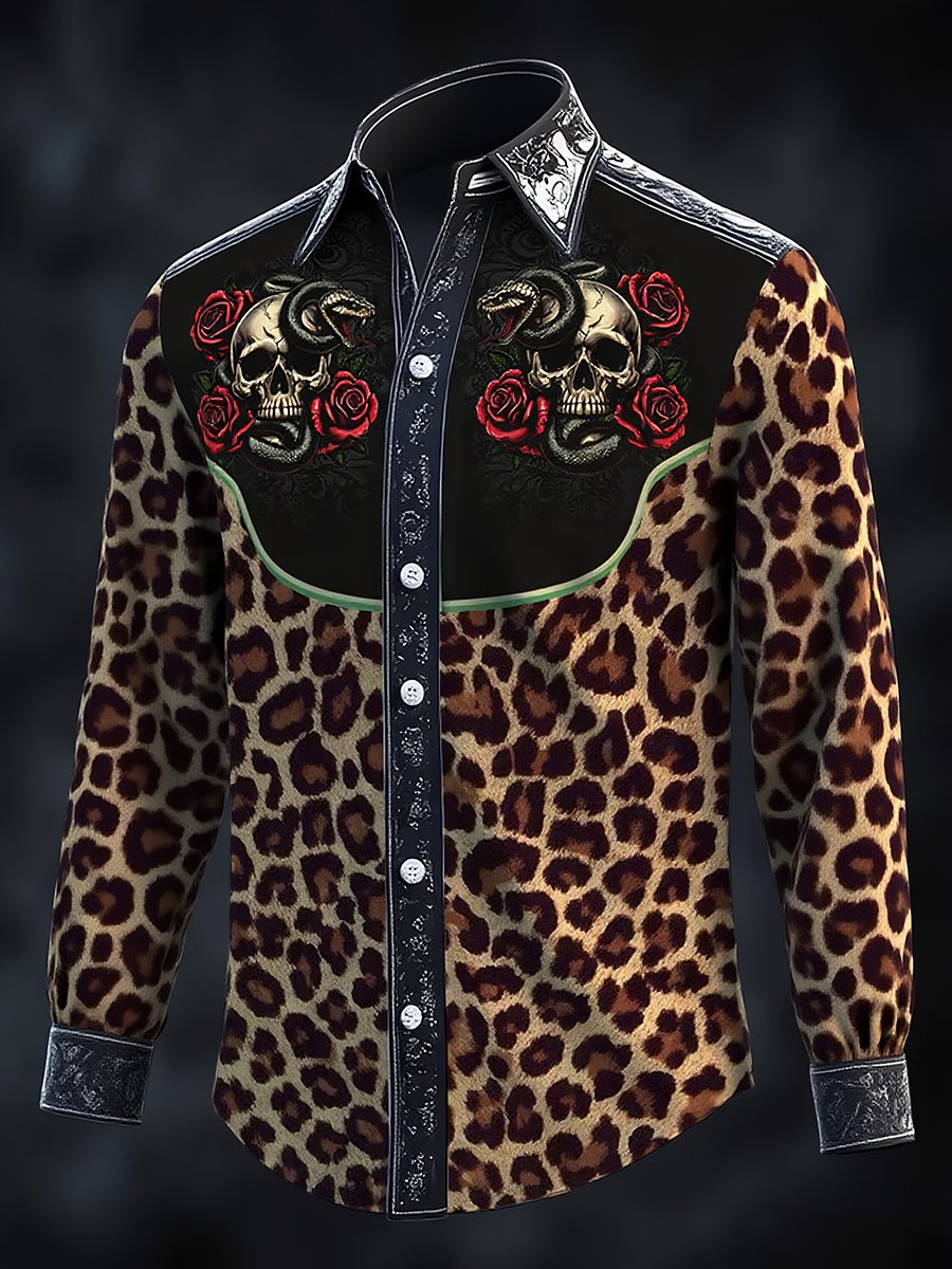 ⚡⚡Buy 2 Get 10% Off⚡⚡Men's Vintage Western Leopard Skull Print Long Sleeve Shirt