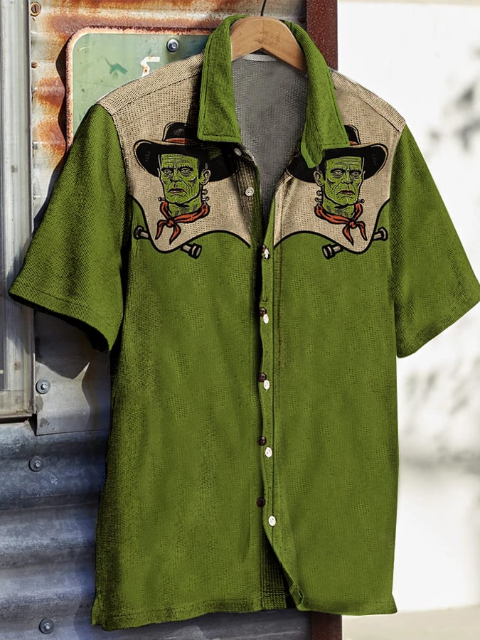 Men's Western Vintage Print Waffle Short Sleeve Shirt