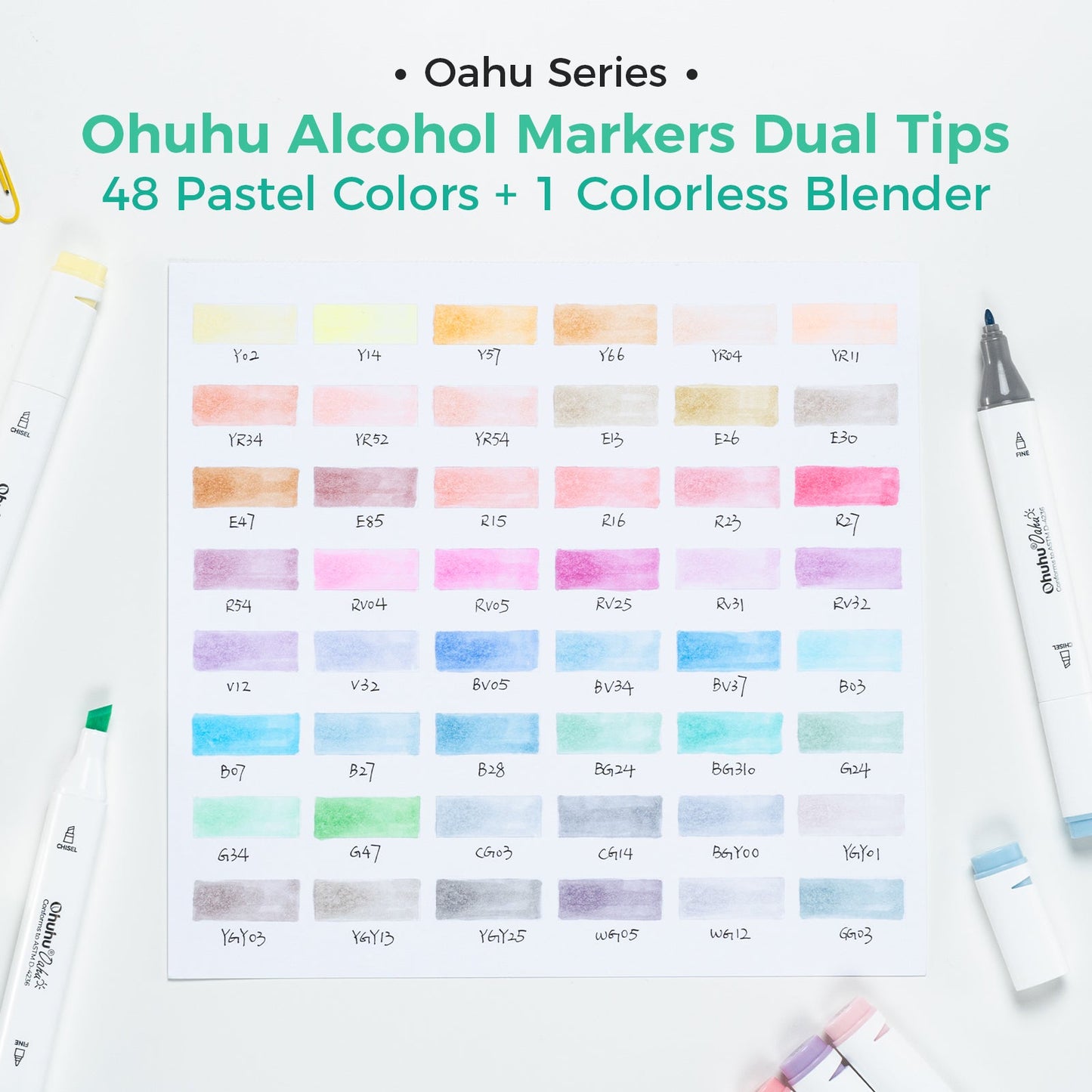 Ohuhu Oahu 48 Pastel Colors Dual Tips Alcohol Art Markers, Fine & Chisel