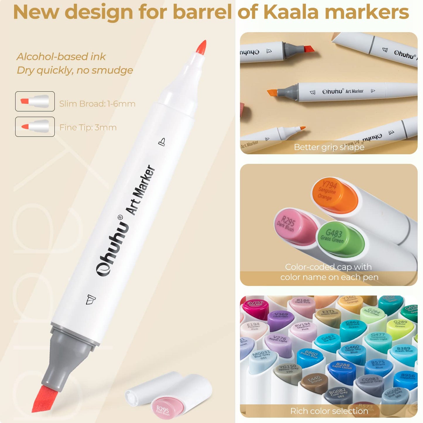 Ohuhu Kaala Slim Broad and Fine Dual Tips Alcohol Art Markers-24 Color Skin Tone