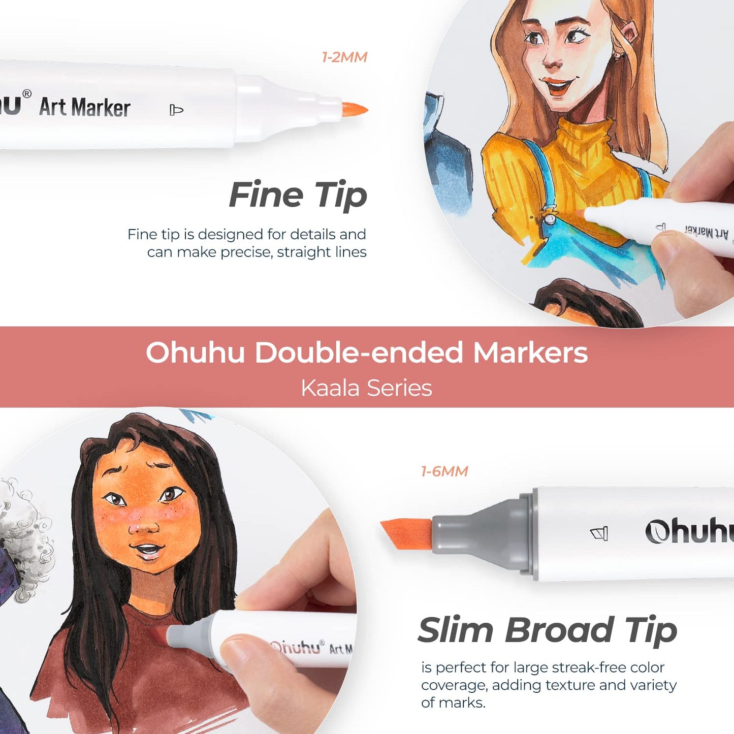 Ohuhu Kaala Slim Broad and Fine Dual Tips Alcohol Art Markers-24 Color Skin Tone